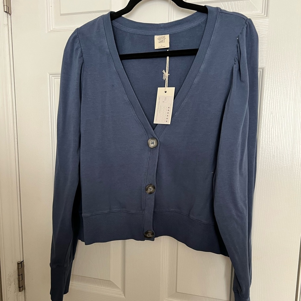 Matilda Jane Ames Womens Puff Sleeve Cardigan in blue, size large.